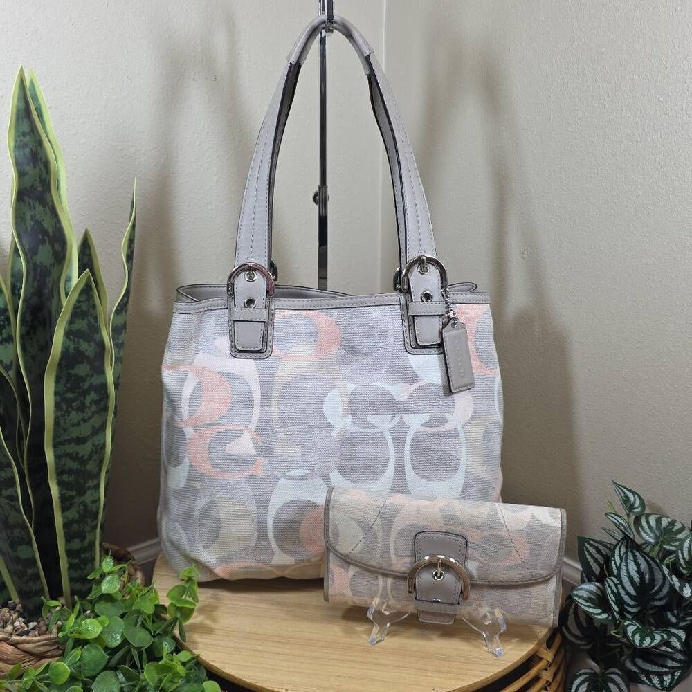 Coach Soho Signature Optic Linen North South Tote with Matching Wallet